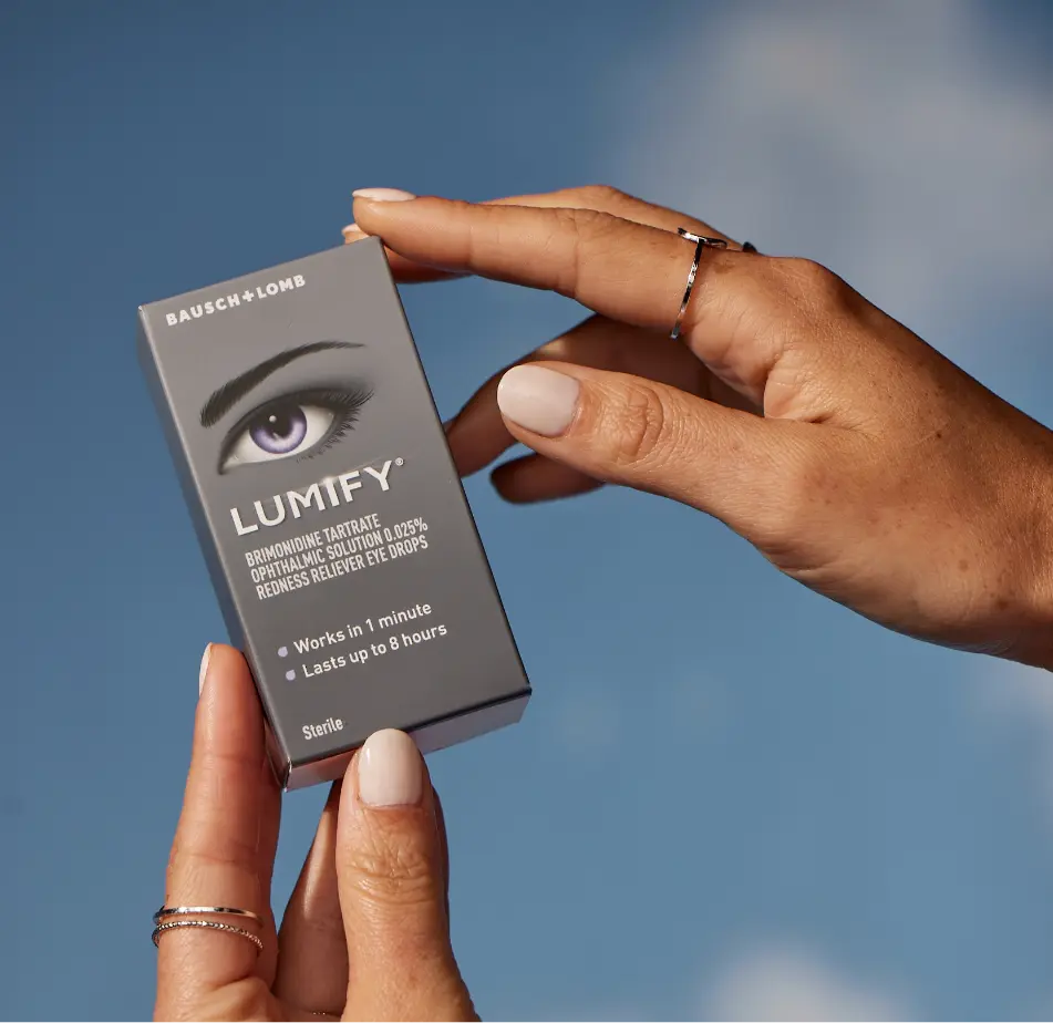 Pair of hands holding up a box of Lumify redness reliever eye drops