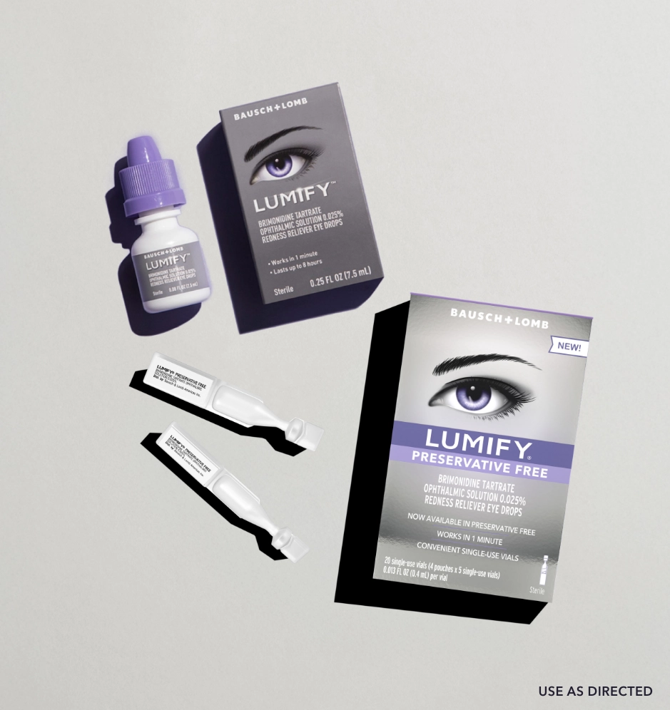 Pair of hands holding up a box of Lumify redness reliever eye drops