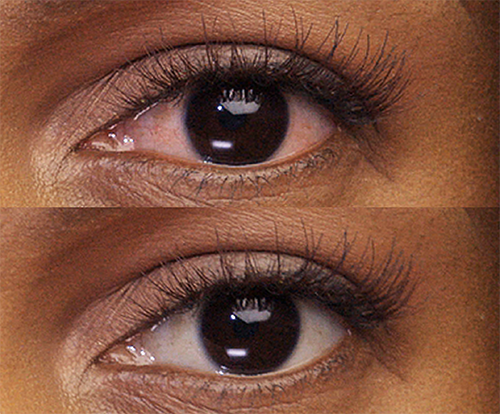 Average results before and after using LUMIFY eye drops on dark brown eyes. Before shows an eye with redness and after shows the same eye but with whiter, brighter whites of the eyes.